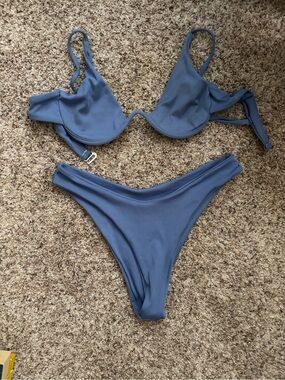 Cupshe Steel Blue Ribbed Underwire Bikini Set
